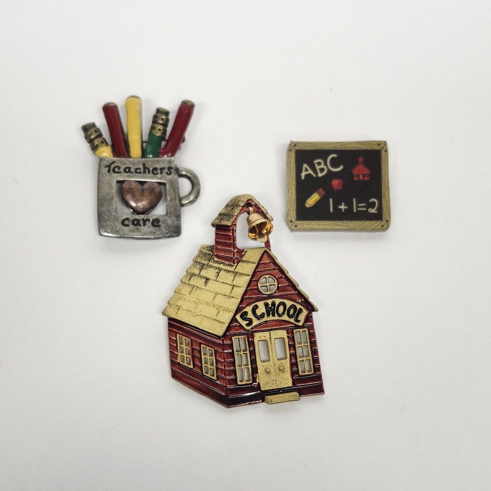 Teacher Schoolhouse Blackboard Pins Lot of 3 "Teachers Care" Education Theme
